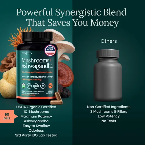 Vista 5 de Cápsulas de suplemento de hongos melena de león USDA Organic con Ashwagandha, Chaga, Reishi, Cordyceps, Cola de Turquía (18,600mg/serv) Complejo