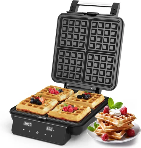Vista 9 de Sunvivi Waffle Maker 4 rebanadas con calentamiento rápido, control de tiempo y temperatura, pantalla LCD, superficie antiadherente, acero