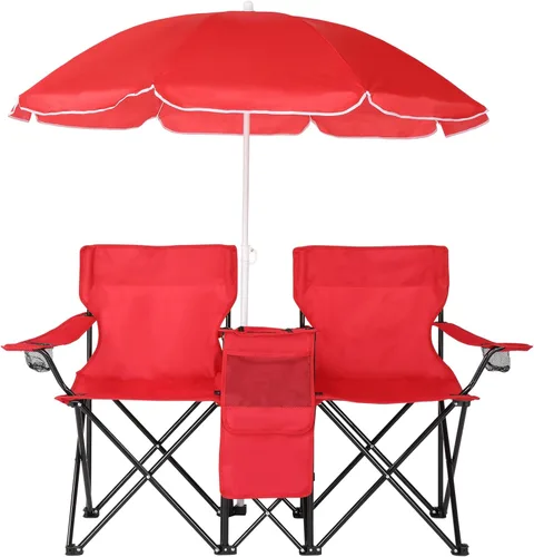 Vista 9 de Outvita Silla plegable doble para acampar con paraguas para bebidas, bolsa de transporte, mesa plegable, gran capacidad de carga para playa, patio