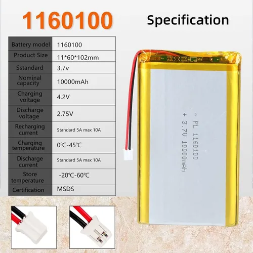 Vista 3 de 10X 3.7V 10000mAh 1160100 Lipo batería recargable de polímero de litio batería de iones con conector PH2.0.000 in JST
