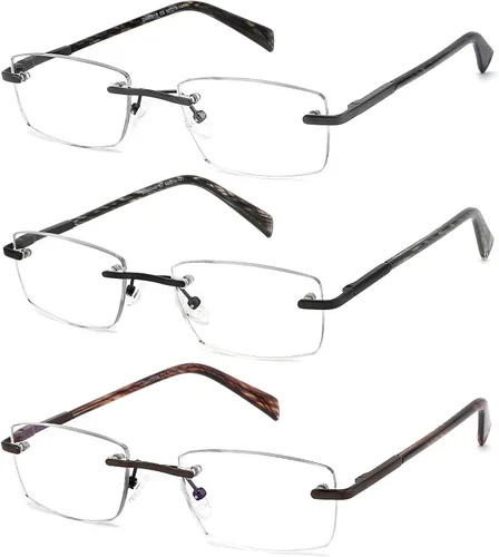 JJWELL Paquete de 3 lentes de lectura para hombre, bloqueo de luz azul, lectores de anteojos ligeros de metal sin montura para hombre, antifatiga
