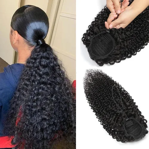 Vista 24 de Extensiones de cola de caballo de cabello humano lacio, color negro natural, pasta mágica envolvente, extensiones de cabello Remy 100% real
