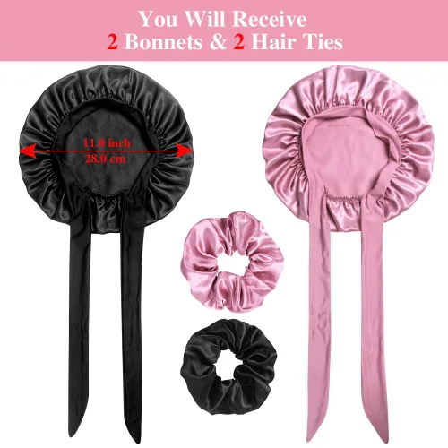 Vista 2 de 2+2 gorros de satén con coleteros para niños, bonitos gorros de pelo para niñas para dormir cabello rizado, A