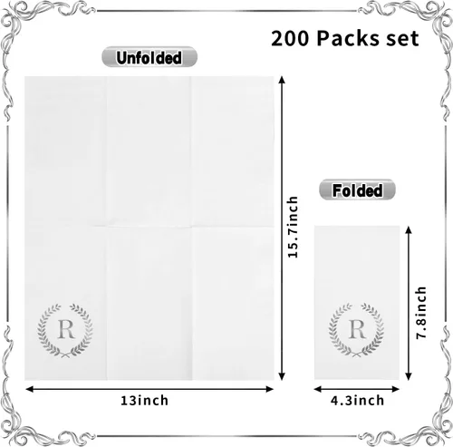 Vista 2 de Paquete de 200 servilletas desechables con monograma de papel de aluminio plateado con letra R para invitados, toallas de papel desechables