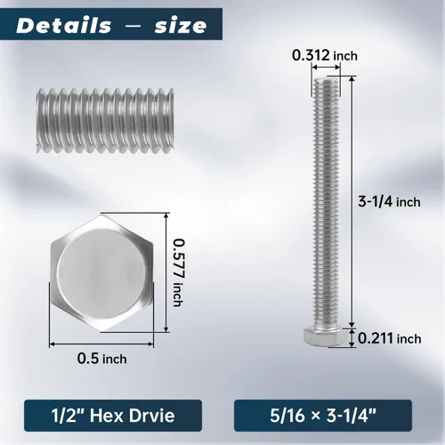 Vista 42 de 10 juegos Glvaner de tornillos de cabeza hexagonal de acero inoxidable 5/16-18 x 2", tuercas, arandelas planas y de seguridad, acero inoxidable 18-8