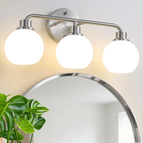Vista 11 de Lámpara cromada para tocador de baño, lámparas sobre el espejo, 3 lámparas de pared, luces plateadas con globos de leche, pantallas de vidrio