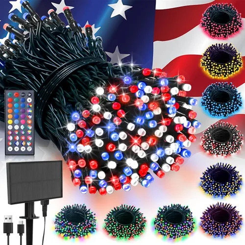 LitHome Guirnalda de 100 luces LED solares de Navidad para exteriores, 33 pies, 34 colores cambiantes, solar/USB, luces solares y blancas, azules,