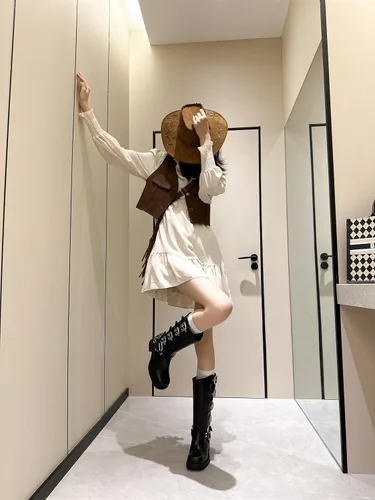 Vista 7 de Vertundy Botas altas hasta la rodilla para mujer, botas de tacón bajo grueso de pantorrilla ancha, botas vaqueras de equitación occidental, botas