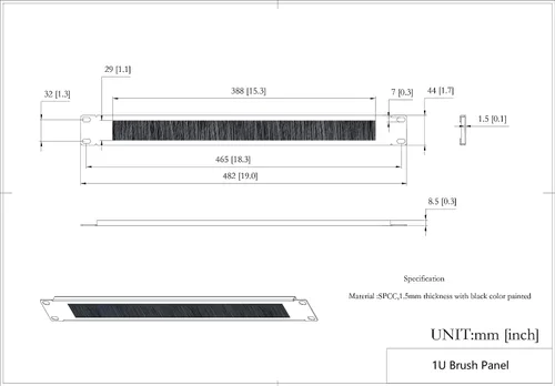 Vista 2 de 1UCMB1U10PC, paquete de 10 paneles horizontales de 1U con cepillo de entrada de cables para rack o gabinete de 19 pulgadas, color negro