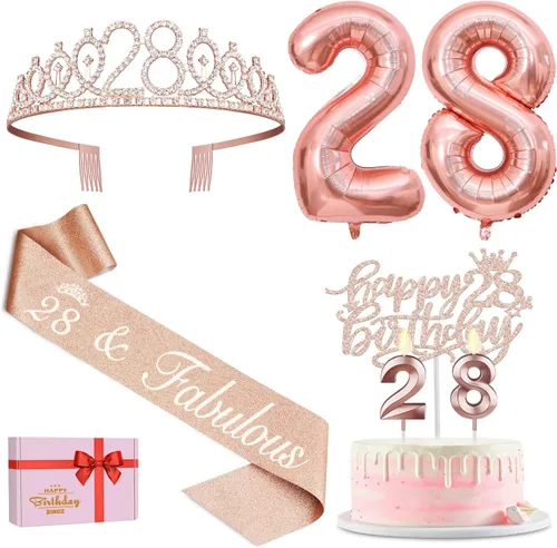 Vista 15 de Decoraciones de cumpleaños número 17 para niña, incluyendo tiara y banda de cumpleaños de 17, decoración para pastel y velas, globos de números