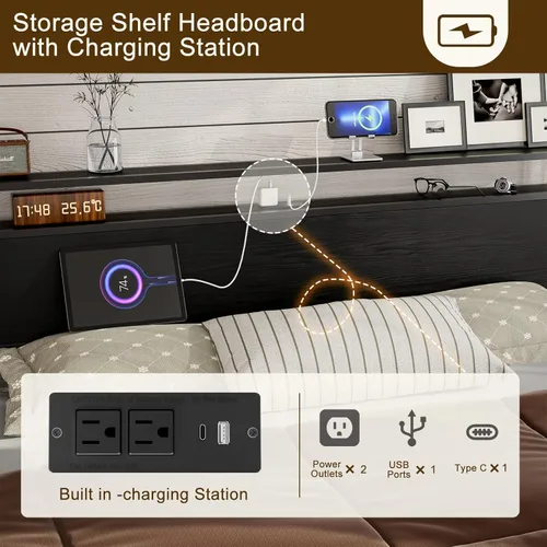 Vista 5 de IKIFLY Cama de almacenamiento elevable tamaño King con estación de carga, marco de cama de metal King con cabecera de estante de almacenamiento