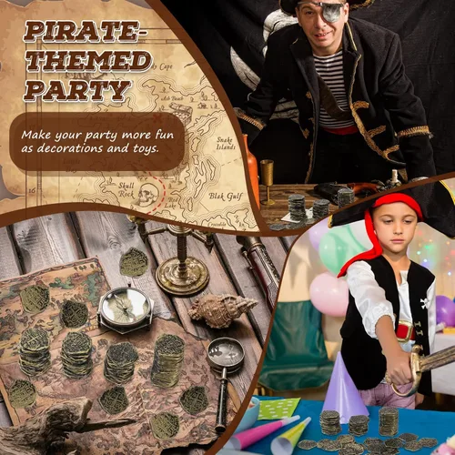 Vista 6 de Hanaive 100 piezas de monedas piratas de plástico, monedas de juego falsas réplica de doblones españoles para cofre del tesoro de fiesta pirata