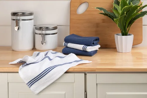 Vista 2 de Sticky Toffee Juego de 8 paños de cocina de algodón – 12x12 pulgadas en azul oscuro y blanco, paños de cocina y paños de té reutilizables
