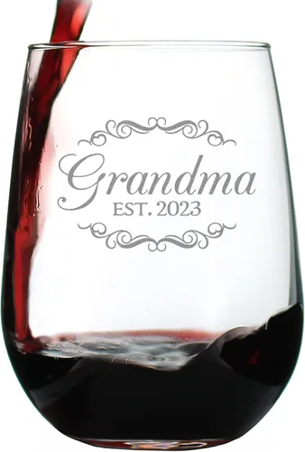 Vista 6 de Custom Grandma Est 20XX - New Grandmother Stemless Wine Glass Gift for First Time Grandparents - Personalized Decorative 17 Oz Large Glasses