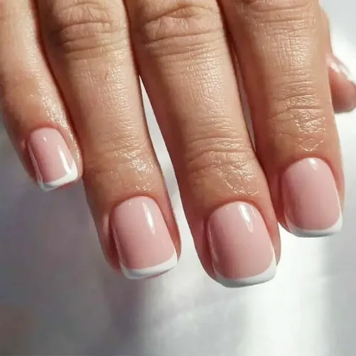 Vista 42 de Uñas postizas cuadradas cortas de color nude, uñas postizas francesas blancas con diseño de diamantes de imitación, uñas brillantes a presión