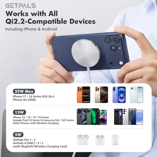 Vista 3 de Cargador inalámbrico magnético Qi2.2 de 25 W: almohadilla de carga plana Qi para iPhone 17 16 15 14 13 12 Pro Max, Samsung Galaxy S26 S25, Google