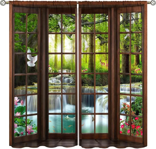 Vista 16 de YCness Cortinas de bosque, diseño floral de paisaje, decoración del hogar, sala de estar, dormitorio, decoración del hogar, selva, animal, alce