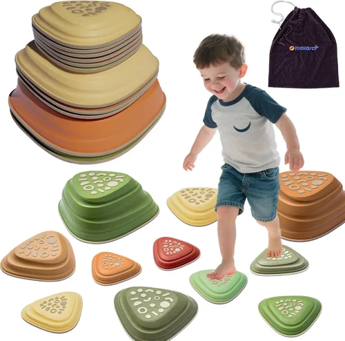 Vista 9 de Makarci - Piedras de equilibrio para niños, 12 piezas para cursos de obstáculos, juego de interior y exterior, con borde de goma completa y cima