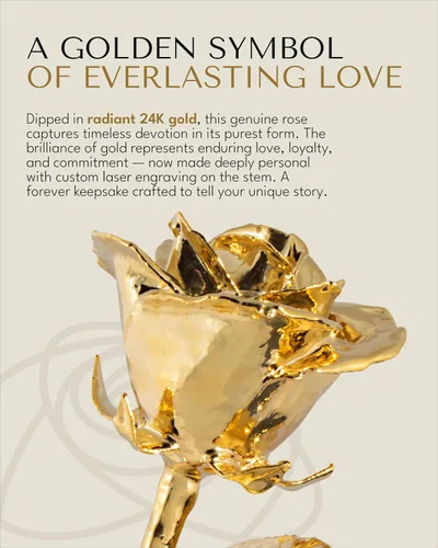 Vista 2 de Forever Rose Rosa bañada en oro de 24 quilates, flor de oro grabada con láser personalizada en un elegante jarrón de vidrio y caja lista