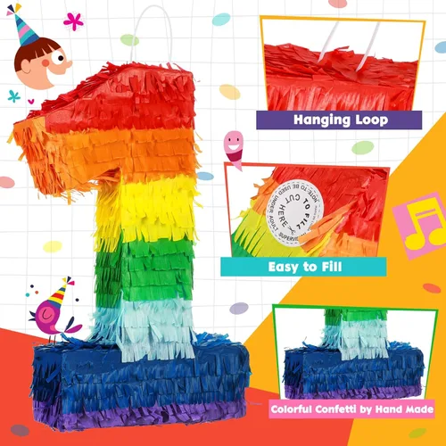 Vista 4 de Sratte Piñata de números arcoíris, piñata multicolor, pequeña fiesta de cumpleaños con palo y confeti para cumpleaños, aniversario, fiesta de Cinco