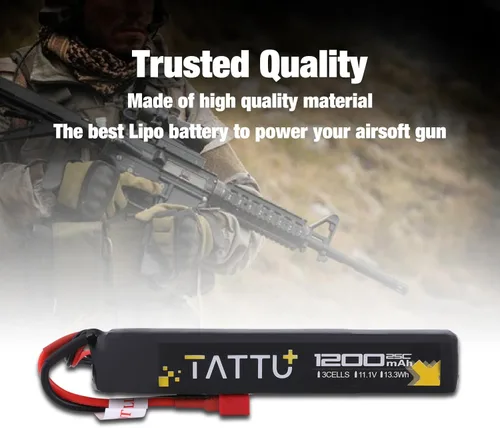 Vista 2 de TATTU Batería LiPo Airsoft Stick de 11.1V con conector T, paquete de batería 3S 1200mAh 25C para Airsoft