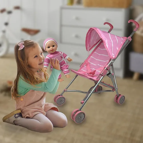 Vista 7 de Muñeca de bebé con juego de cochecito - Muñeca de bebé de 12 pulgadas con juego de regalo de chupete - Juguete de cochecito de bebé de tela rosa