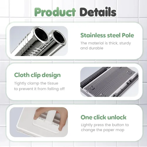 Vista 3 de Trapeador de polvo desechable con 4 paños reutilizables, mopa desechable para el polvo con 4 pañuelos reutilizables, limpiador de polvo retráctil