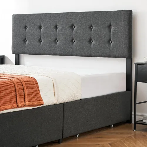 Vista 5 de IDEALHOUSE Base de cama Queen con 4 cajones de almacenamiento, base de cama tapizada de tamaño Queen gris con cabecera y listones de madera,