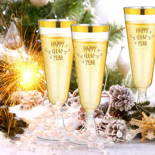Vista 5 de Zhehao 100 copas de champán de plástico doradas a granel para fiesta de Año Nuevo 2026, 5 onzas, copa de vino desechable, borde dorado, copas