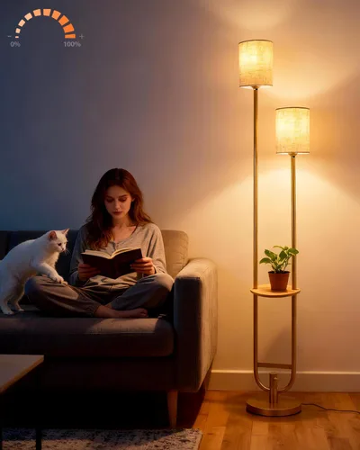 Vista 14 de Lightdot Lámparas de pie bohemias regulables para sala de estar, lámpara de pie de ratán de 3 luces con estantes, lámpara de pie de granja blanca