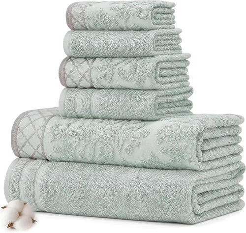 Vista 8 de Modern Threads Juego de 6 toallas de damasco jacquard/sólido ultra suave 550GSM 100% algodón peinado con bordes adornados [melocotón]