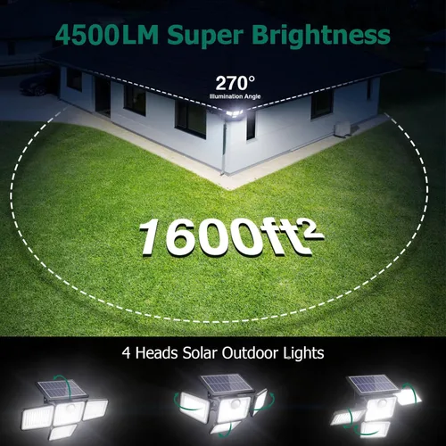 Vista 4 de Luces solares de 4500 lm para exteriores, 4 cabezales ajustables, luces con sensor de movimiento, 3 modos, luces de pared de seguridad solar