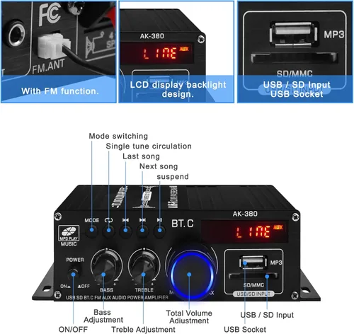Vista 4 de Amplificador de potencia de audio Bluetooth 5.0 AK-380 400W+400W 2.0 CH Receptor de amplificador estéreo HiFi con USB, SD, AUX, antena FM