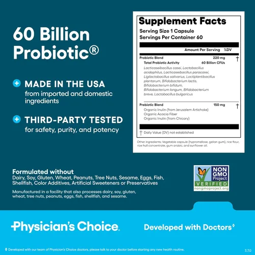 Vista 6 de Physician's CHOICE Probióticos 60 mil millones de UFC – 10 cepas + prebióticos orgánicos – Salud inmunológica, digestiva e intestinal – Apoya