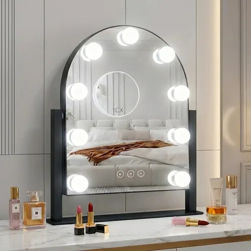 Vista 9 de Espejo de tocador estilo Hollywood con luces, 17 bombillas LED regulables, espejo de maquillaje iluminado de 3 colores con espejo de aumento 10X