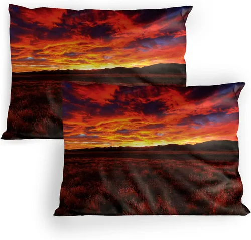 Vista 11 de Lunarable Nature Pillow Sham Set of 2, Sunset in a Winter Park Russia Sun Rays Through Trees Pathway to Forest, Quality Microfiber Bedding Item for