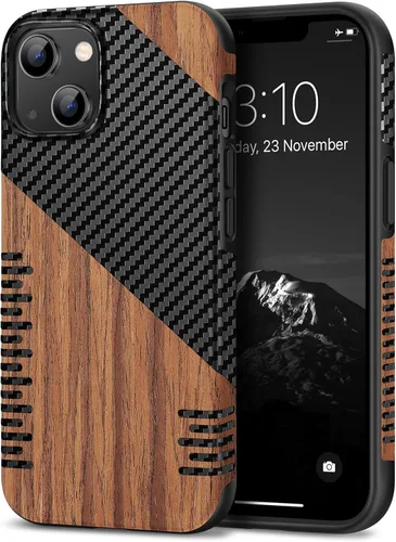 Vista 12 de TENDLIN Compatible con Funda para iPhone 14 de Grano de Madera con Diseño de Textura de Fibra de Carbono, Funda Híbrida de Cuero delgada Negra