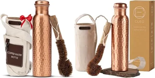 CLEO HOME - Botellas de agua de cobre 100% puro para beber, botellas grandes de cobre ayurvédico martillado de 32 onzas con 1 bolsa de lona y 1