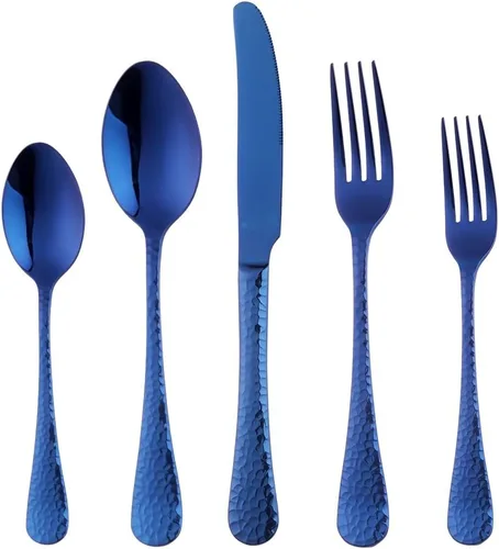 Vista 15 de Juego de 5 piezas de cubiertos de acero inoxidable negro para 1, juego de cubiertos incluye cuchillo de cena, tenedor de mesa, cuchara de mesa