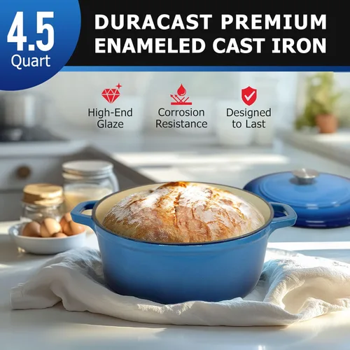 Vista 2 de MUELLER HOME Horno Holandés de Hierro Fundido Esmaltado de 4.5 QT, Cacerola de Servicio Pesado y Sartén Braseadora con Tapa y Perilla de Acero