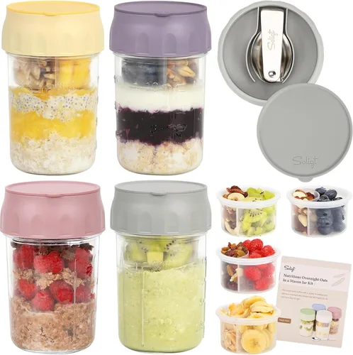 Vista 7 de SOLIGT Paquete de 4 recipientes para avena durante la noche con tapas, cucharas plegables y compartimentos divididos para frutas y nueces, tarros