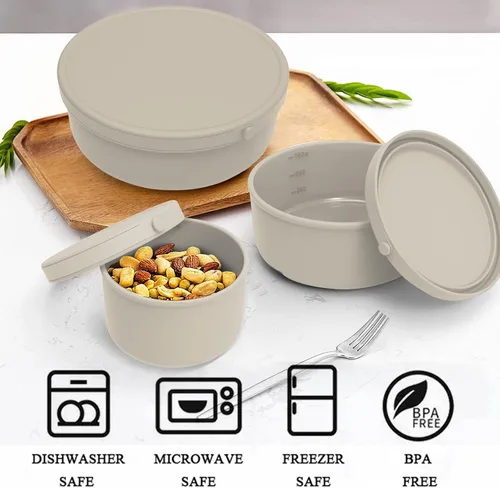 Vista 6 de KVK Recipiente de silicona para almacenamiento de alimentos con correa a prueba de fugas (16.9 onzas, 25.4 onzas, 42.3 onzas), reutilizable