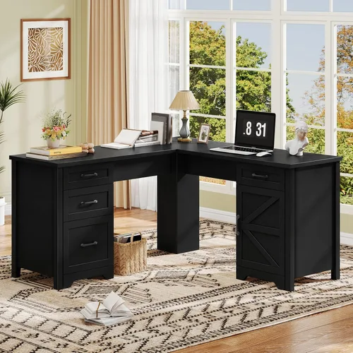 Vabches 59” Farmhouse L Shaped Executive Desk with File Drawer, Black Negro