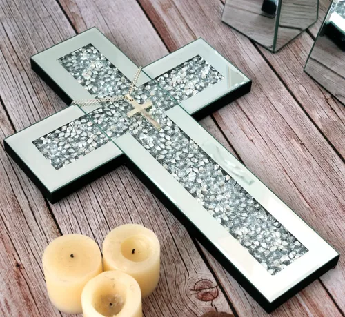 Vista 4 de GIMORRTO Decoración de pared con cruz espejada, cristal de diamante triturado, arte de pared religioso (pequeño)