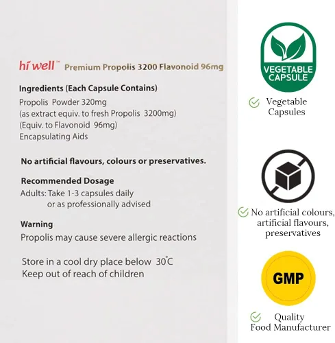 Vista 5 de (3 unidades) Hi Well Premium Propolis 3200 Flavonoid 96mg 250VegeCápsulas
