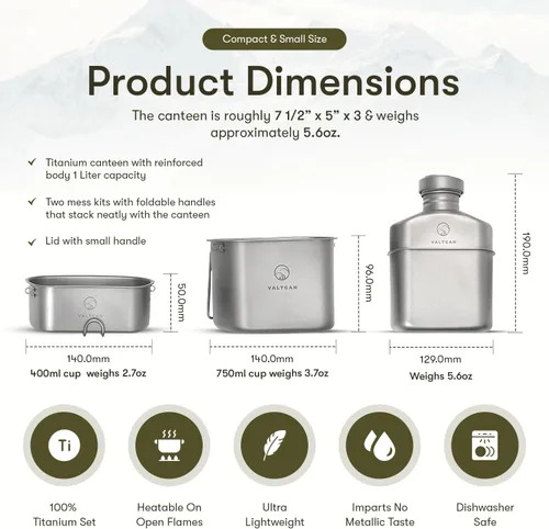 Vista 4 de Valtcan - Kit de cantimplora de titanio 1100ml 37oz de capacidad con ollas de 750ml y 400ml y tazas