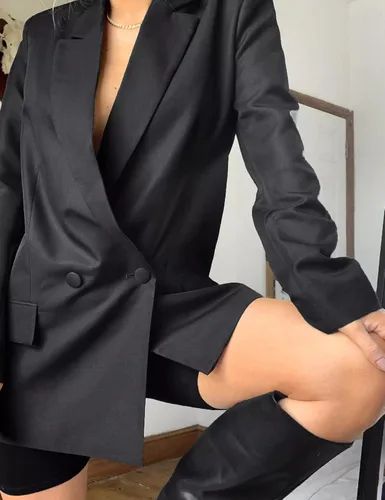 Vista 4 de Blazer de gran tamaño para mujer, de manga larga, con solapa, botones, estilo novio, casual, para la oficina