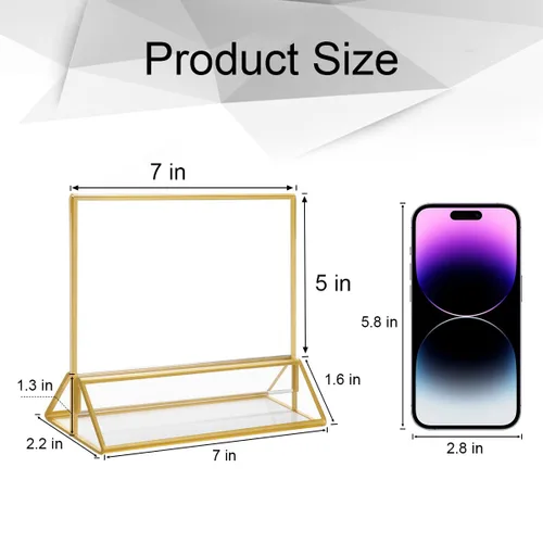 Vista 2 de NIUBEE Paquete de 6 soportes horizontales de acrílico transparente de 7 x 5 con bordes dorados, soportes de mesa de menú de doble cara para números