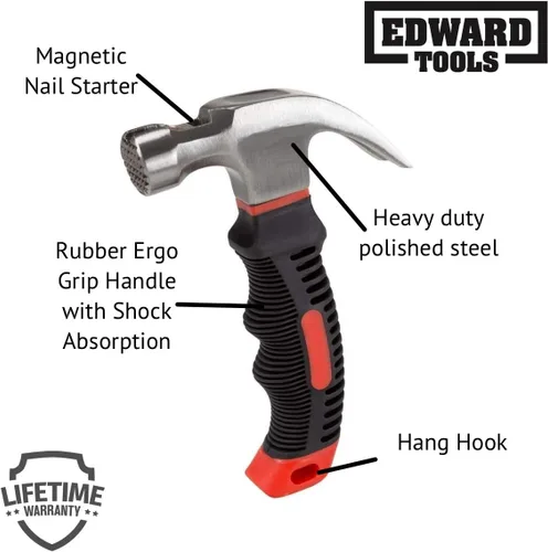 Vista 2 de Edward Tools Martillo de garra pequeño de 8 onzas con arrancador de uñas magnético, cabeza de acero pulido resistente, mango de agarre de goma Ergo