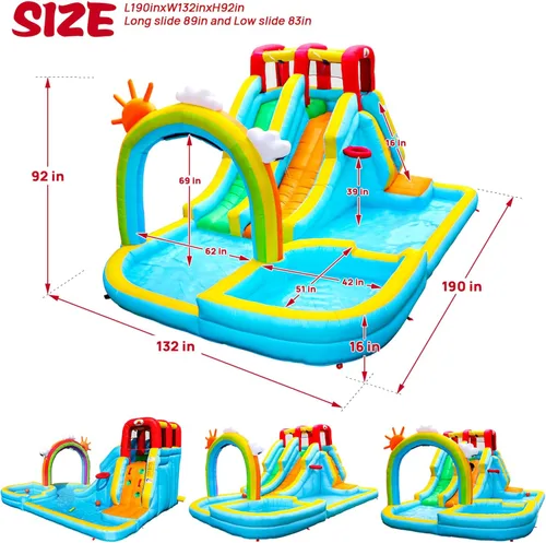 Vista 6 de WELLFUNTIME Parque inflable de los toboganes dobles del agua con el ventilador, castillo animoso con la cortina de agua del arco iris